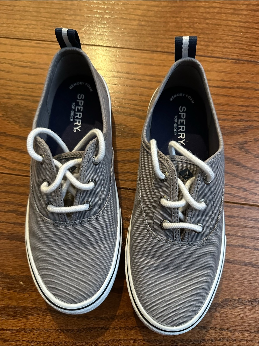 Sperry Gray Canvas Boat Shoes with White Laces